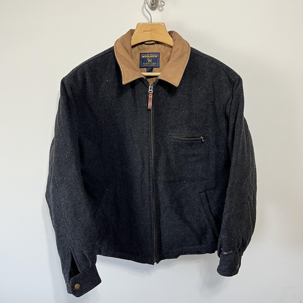 Woolrich Jacket Mens Large Gray Wool Bomber Suede Collar Quilted Lined Vintage